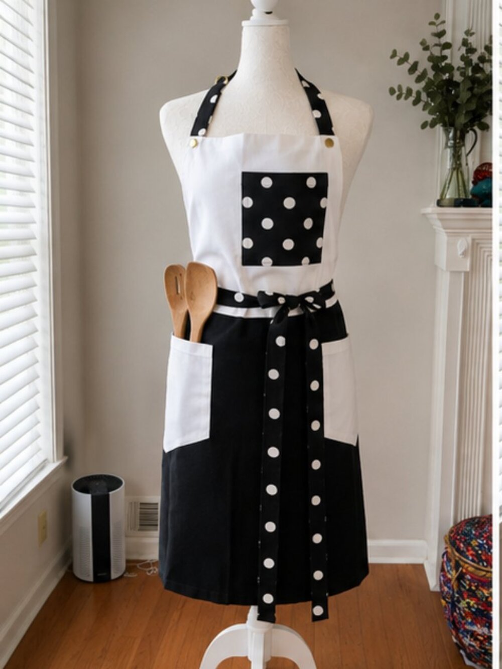 Black & White Polka Dot Utility Apron | 3 Pockets | Gold Hardware
